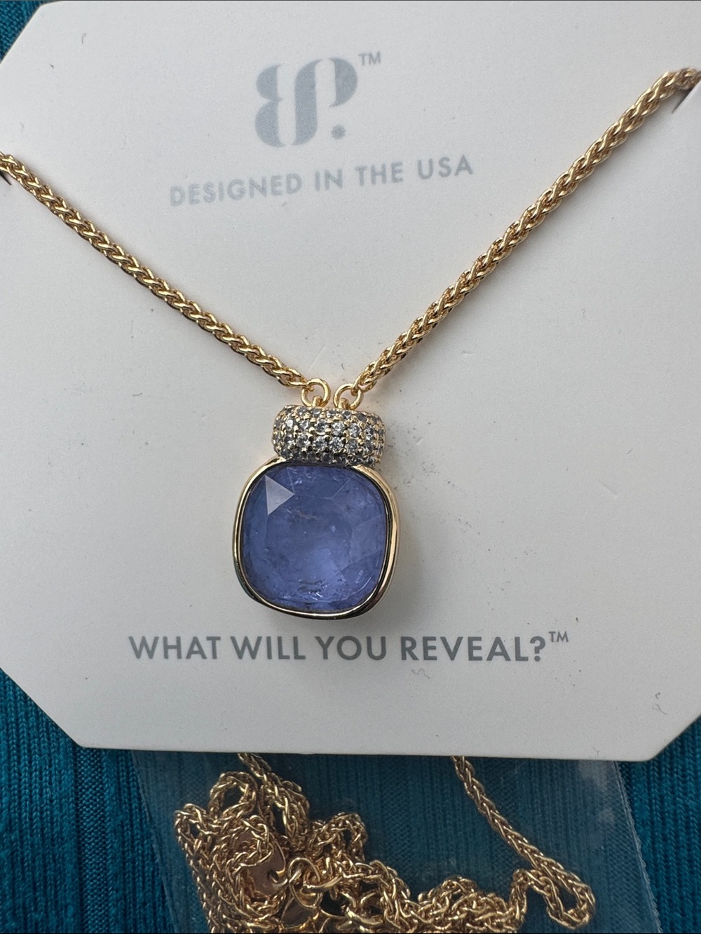B Jewel Gold-Tone Necklace with Blue Cushion Cut Pendant and Pavé Accent
